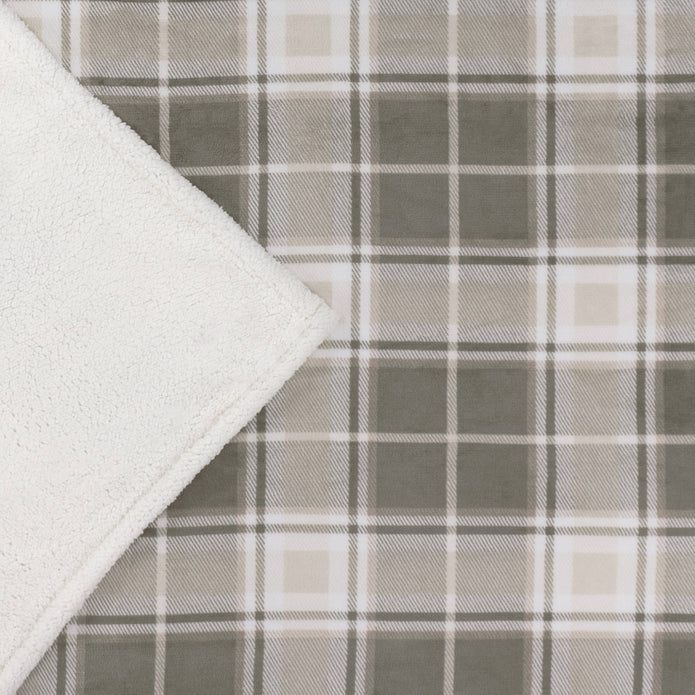 Riva Home Braemar Check Sherpa Fleece Throw in green and natural tones, showing a soft checked design