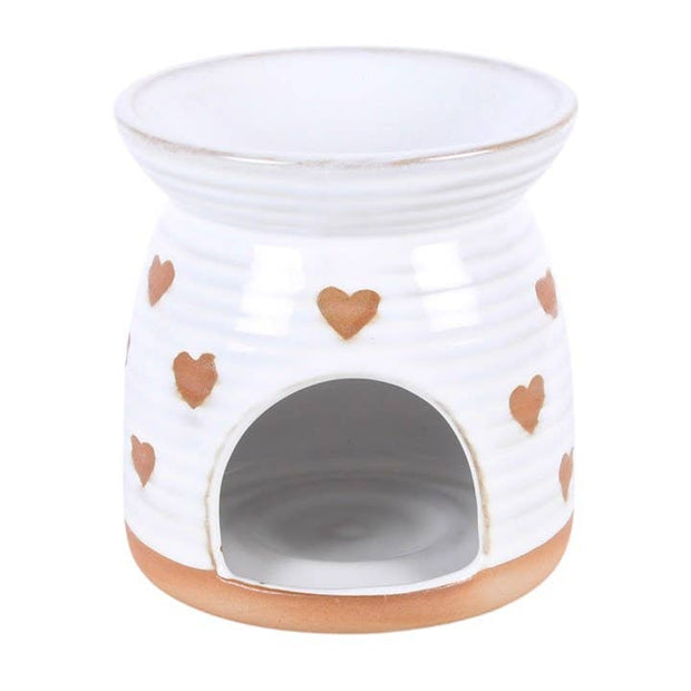 White And Beige Heart Print Oil Burner, front view of the white heart-patterned burner