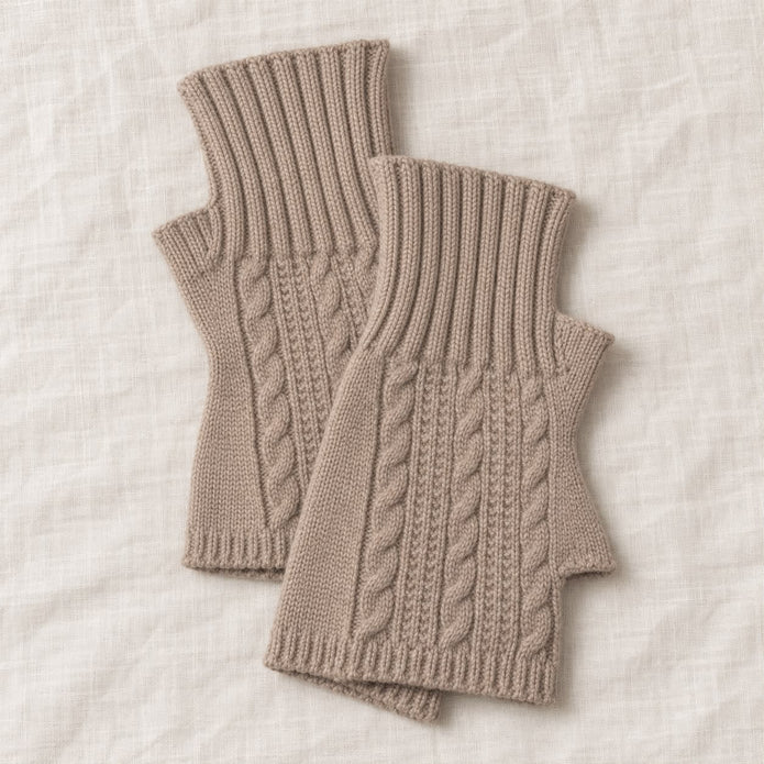 Beige Cosy Cable Knit Fingerless Gloves