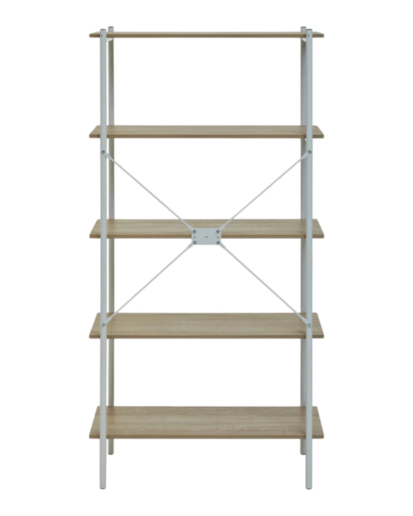 Natural oak five-tier shelving bookcase from Interiors by Premier, showcasing sturdy wooden shelves for versatile storage.