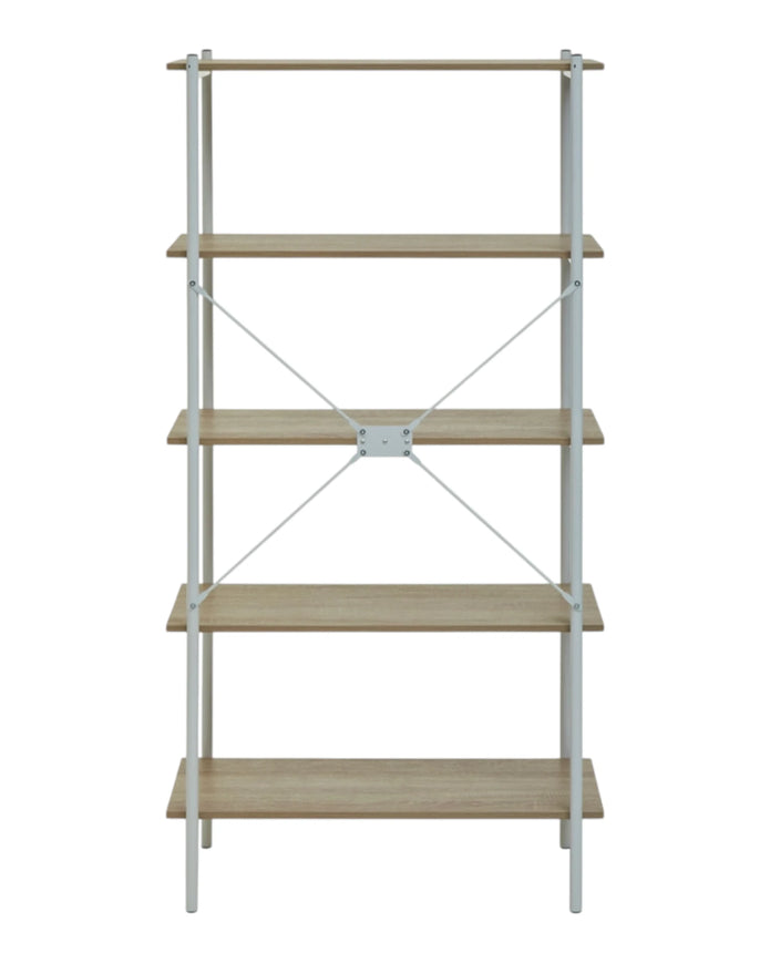 Natural oak five-tier shelving bookcase from Interiors by Premier, showcasing sturdy wooden shelves for versatile storage.