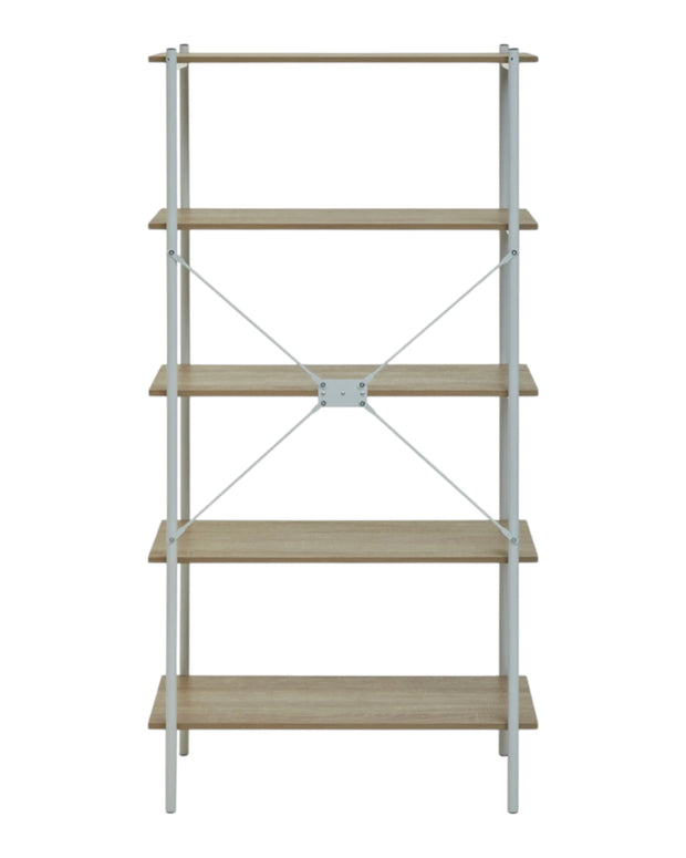 Natural oak five-tier shelving bookcase from Interiors by Premier, showcasing sturdy wooden shelves for versatile storage.