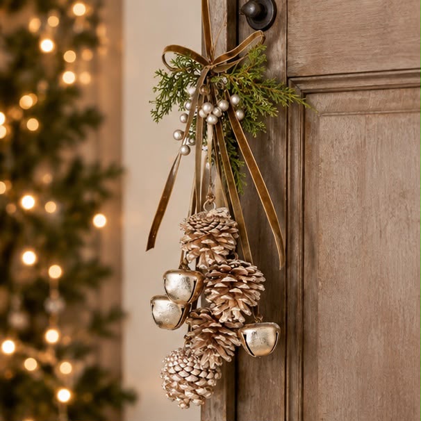 Gold Fir Cone And Bells Hanger Decoration