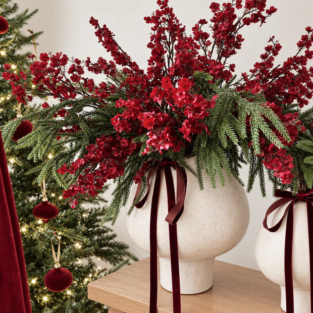 Close-up of burgundy gypsophila with spruce
