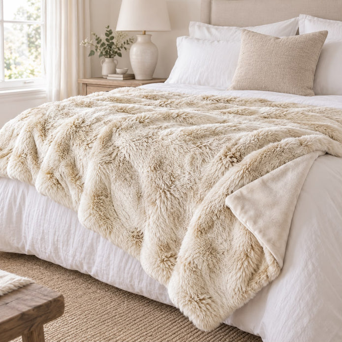 Cream Luxury Faux Fur Blanket Throw, cream faux fur throw spread across a bed