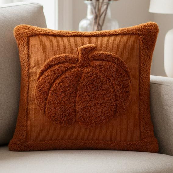 Orange Fluffy Large Pumpkin Cushion Cover, orange cushion with a large fluffy pumpkin on a sofa