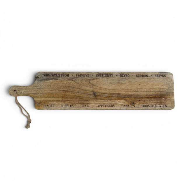 Etched Serving Tapas Board, top view of the etched wooden board and rope loop