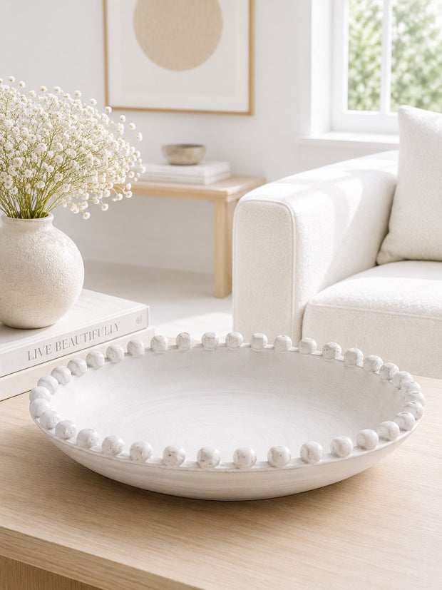 Round Extra Large Matt White Bobble Edged Bowl