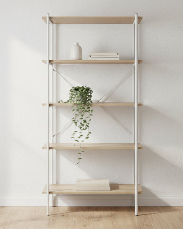 Natural oak five-tier shelving bookcase from Interiors by Premier, showcasing sturdy wood shelves and a sleek design.