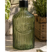 Green Glass Soap Dispenser With Black Pump, close-up of the embossed Soap lettering and ribbed glass