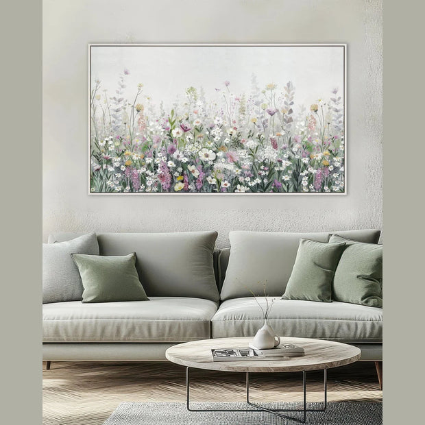 Art Marketing - Canvas Framed Print, Floral Cascade, floral canvas above a green sofa