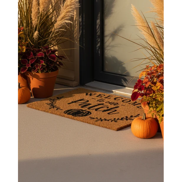 Welcome To Our Patch Doormat, Welcome to Our Patch doormat outside a door with autumn plants