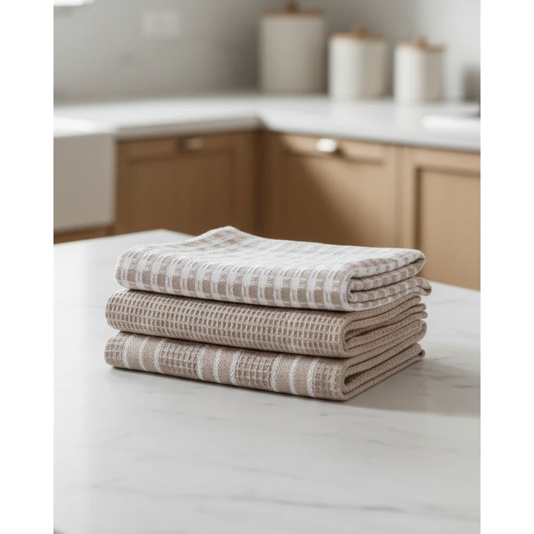 Neutral Cotton Tea Towels - Set of Three, three folded neutral cotton tea towels on a kitchen counter