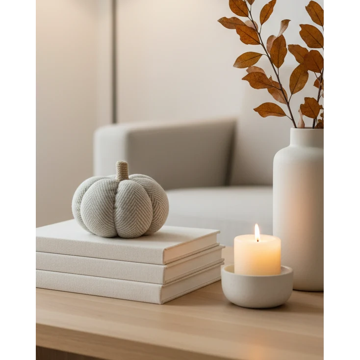 Neutral Fabric Herringbone Pumpkin, small neutral fabric pumpkin beside a candle and autumn vase