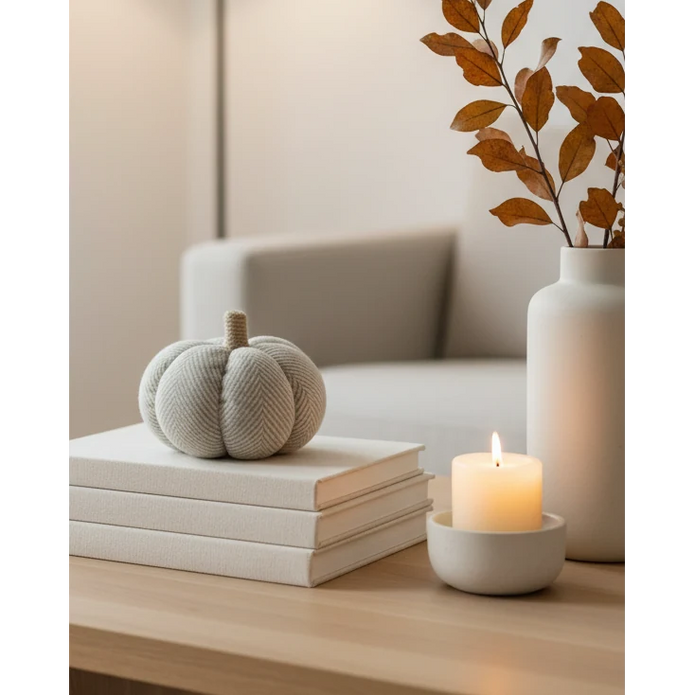 Neutral Fabric Herringbone Pumpkin, small neutral fabric pumpkin beside a candle and autumn vase