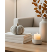 Neutral Fabric Herringbone Pumpkin, small neutral fabric pumpkin beside a candle and autumn vase