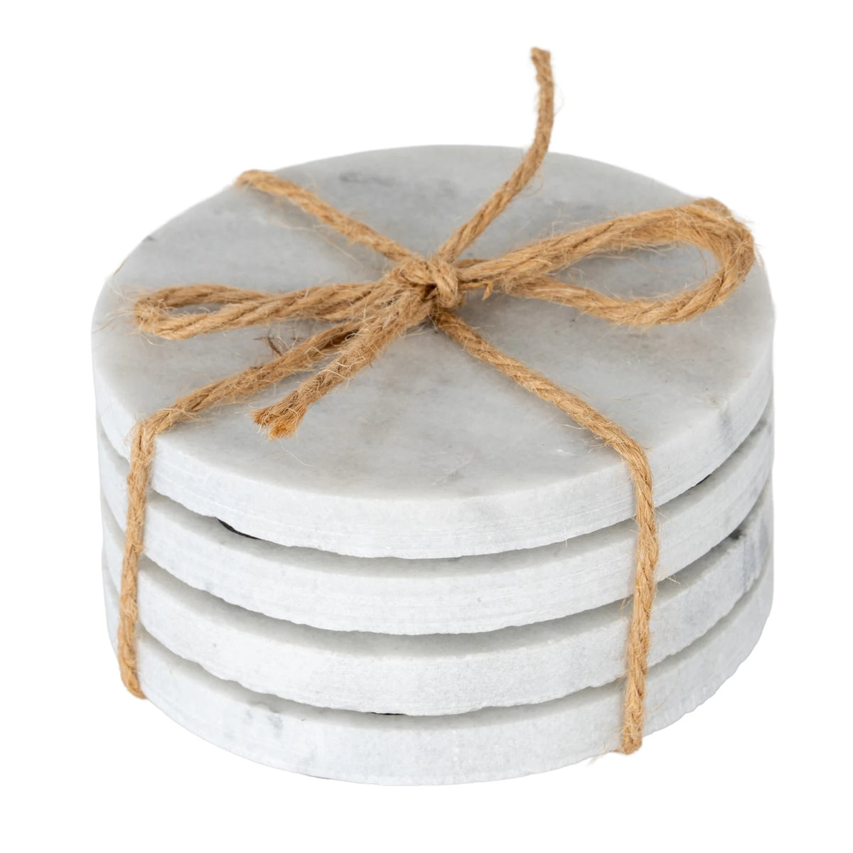 Round Marble Coasters - Set of Four, four round marble coasters tied with twine against white