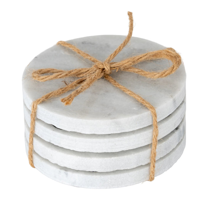 Round Marble Coasters - Set of Four, four round marble coasters tied with twine against white