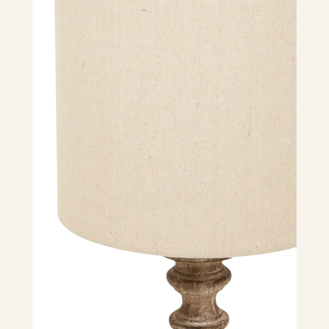 Pallido Candlestick Wooden Lamp, close-up of the shade fabric and turned wooden detail