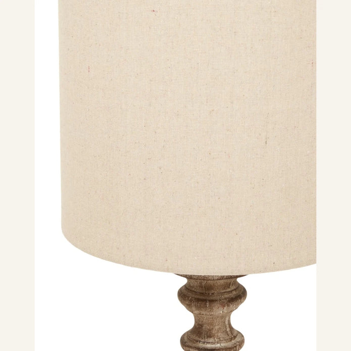 Pallido Candlestick Wooden Lamp, close-up of the shade fabric and turned wooden detail