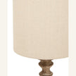 Pallido Candlestick Wooden Lamp, close-up of the shade fabric and turned wooden detail