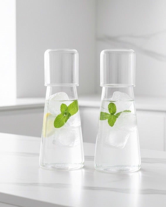 Starlight Express glass carafe jug set with two clear glass jugs and matching lids on a white background