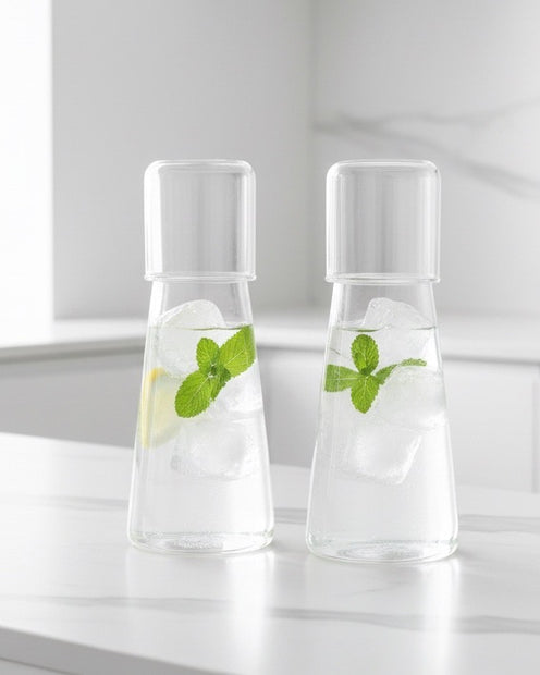 Starlight Express glass carafe jug set with two clear glass jugs and matching lids on a white background
