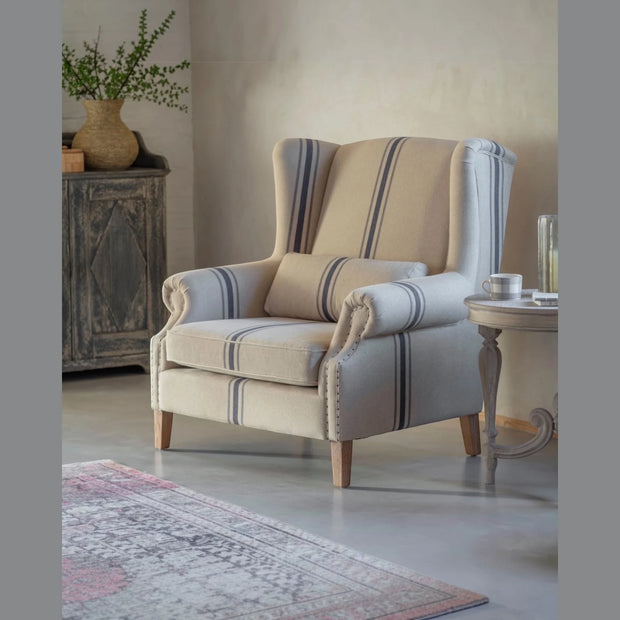 Monroe Blue Striped Large Armchair, blue and beige striped wingback armchair in a living room