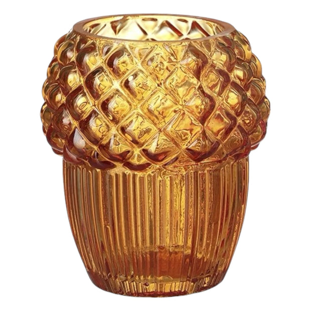 Orange Glass Acorn Tealight Candle Holder, amber glass acorn holder with a diamond-textured top against white
