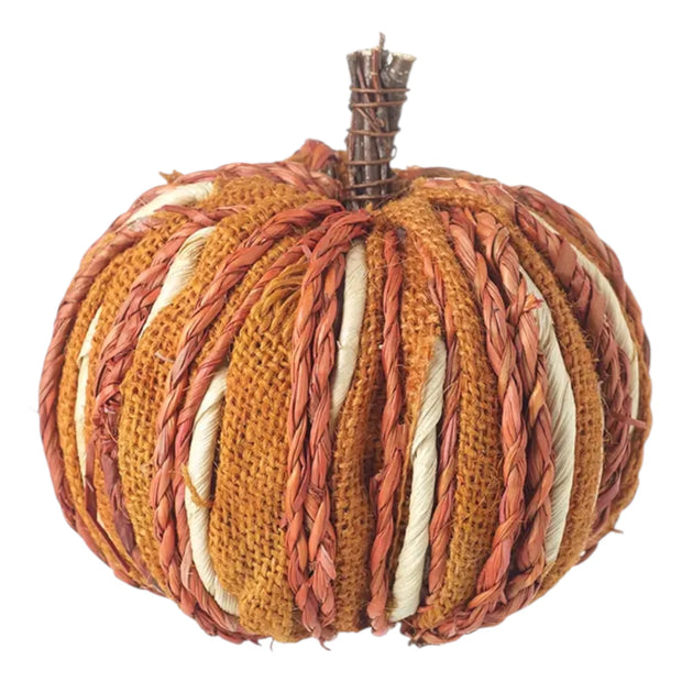 Orange Plaited And Dried Grass Pumpkin, orange and brown plaited pumpkin against white