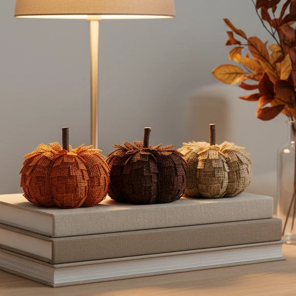 Small Natural Rafia Frilled Pumpkin, three frilled fabric pumpkins on books beneath a lamp