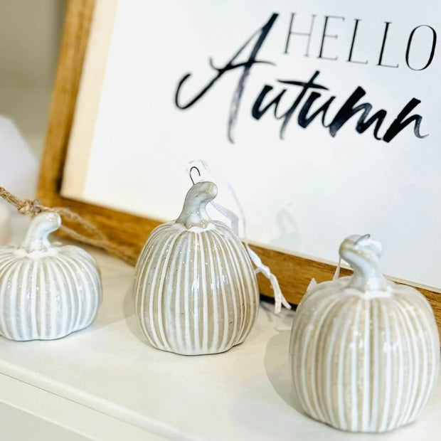 White Wooden Hello Autumn Sign, close view of the Hello Autumn sign behind striped pumpkins