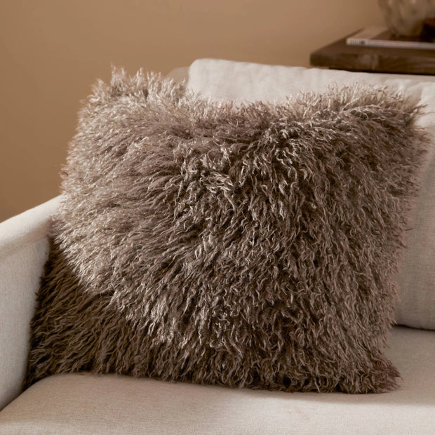 Brown Faux Fur Cushion Cover, close view of the shaggy brown faux fur cushion