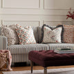 Beige linen cushion cover with filigree print and ruffle trim from Riva Home, soft furnishings for stylish home decor.