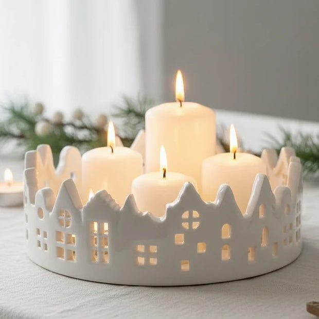 White Glazed Ceramic Candle Tray With Silhouette Houses, white house-shaped rim surrounding pillar candles