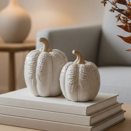 Natural Glazed Pumpkin With Fern Leaf Pattern, cream fern-patterned pumpkins on stacked books