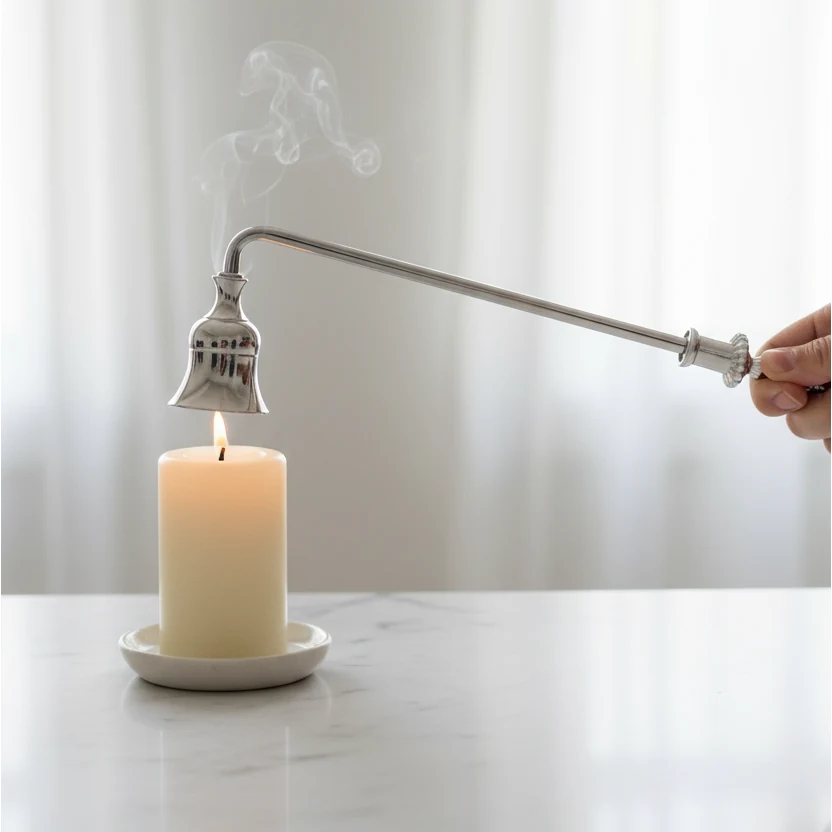 Candle Snuffer - Silver, hand holding a silver snuffer above a smoking candle