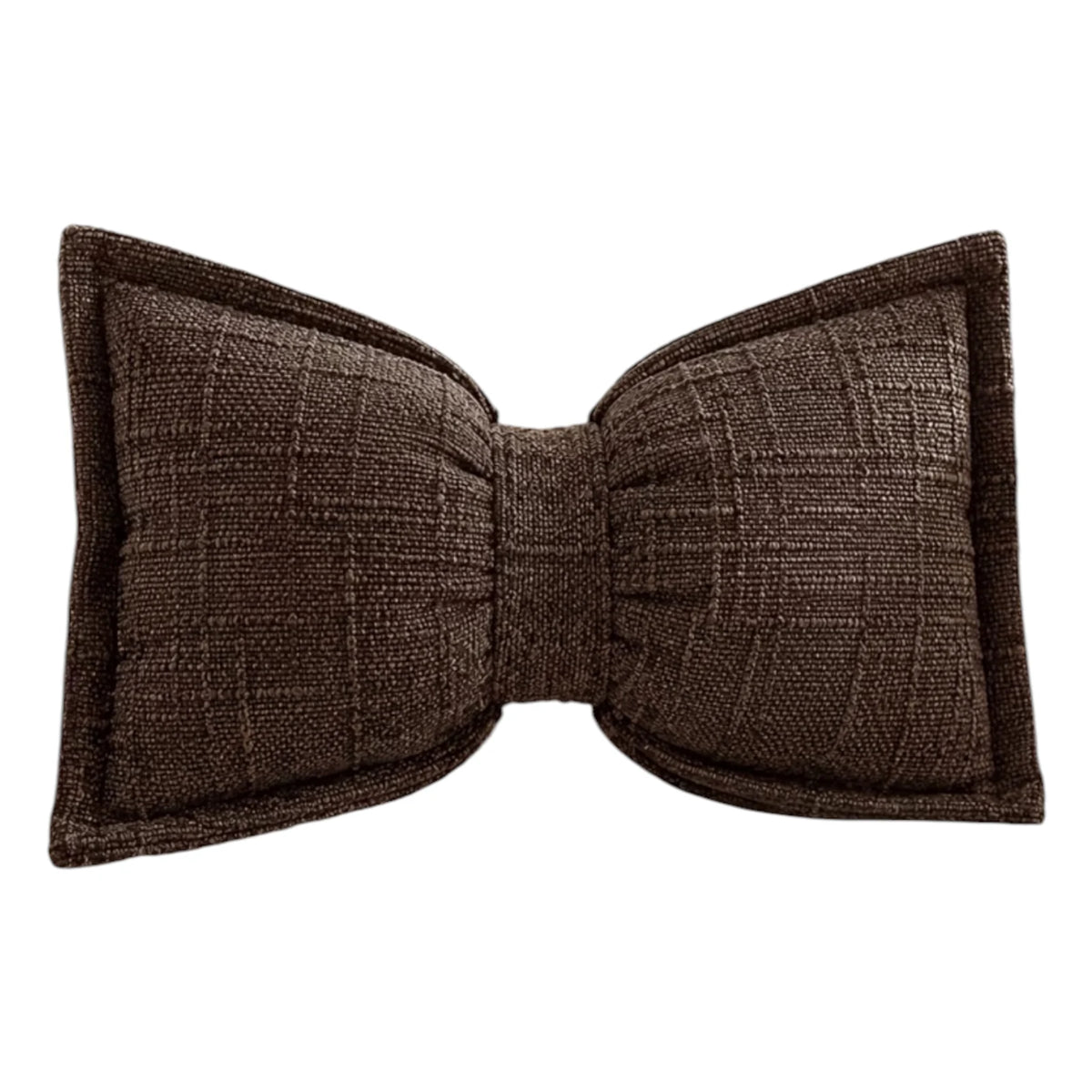 Chocolate Brown Velveteen Bow Cushion, brown bow-shaped cushion against white