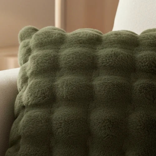 Olive Green Luxury Faux Fur Cushion, close view of the olive faux fur cushion's raised texture