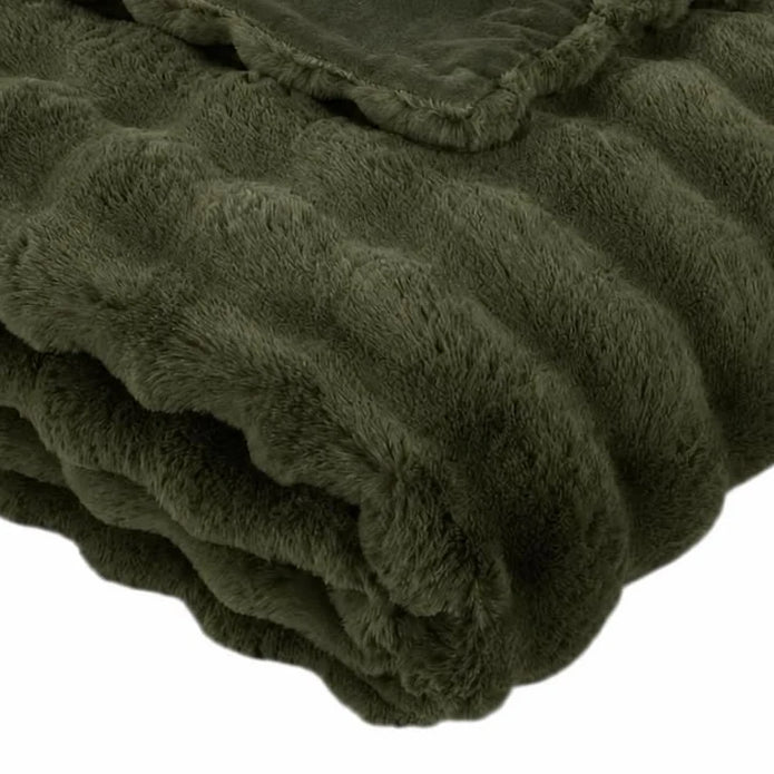 Olive Green Luxury Faux Fur Blanket Throw, close-up of the olive green faux fur ridges