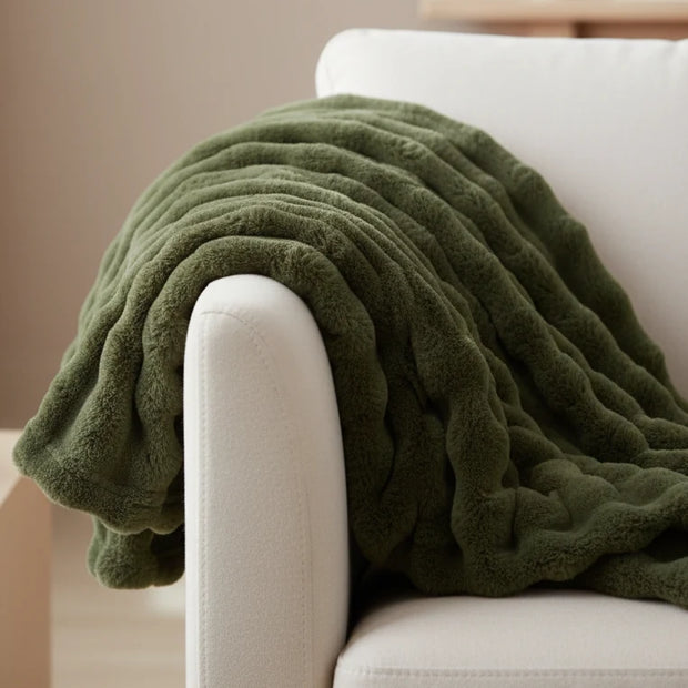Olive Green Luxury Faux Fur Blanket Throw, olive green faux fur throw draped over an armchair