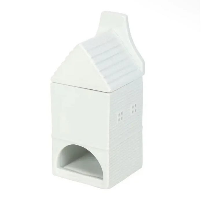 White Ceramic Dutch House Wax Melt Oil Burner, rear view of the white house burner and tealight opening