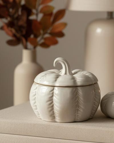 White Glazed Ceramic Pumpkin Jar, white glazed pumpkin jar with a lid beside autumn flowers