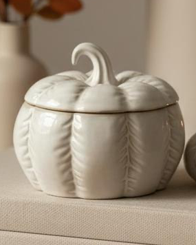 White Glazed Ceramic Pumpkin Jar, close-up of the pumpkin jar lid, curled stalk and ribbed body