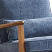 Blue Retro Wooden Framed Arm Chair, close-up of the blue upholstery and wooden arm