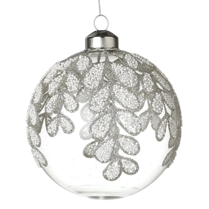 White Beaded Leaf Large Glass Bauble, clear glass bauble with white leaf decoration against white