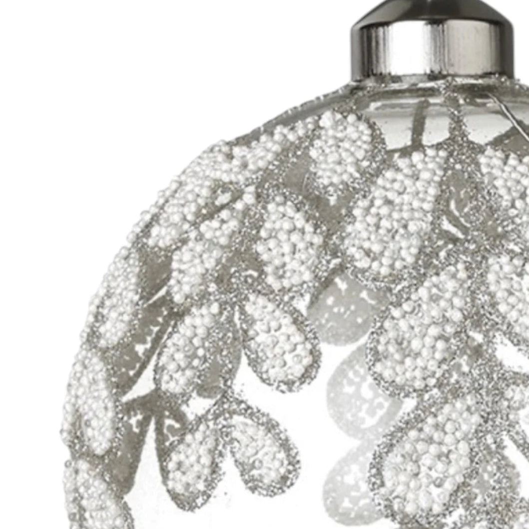 White Beaded Leaf Large Glass Bauble, close-up of the white beaded leaves and silver cap