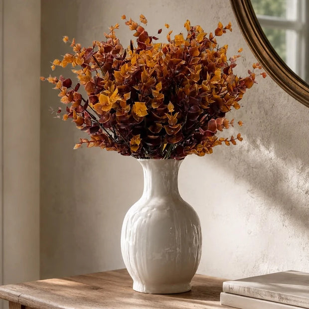 Autumn Acrylic Foliage Bunch, orange and brown autumn foliage in a cream vase