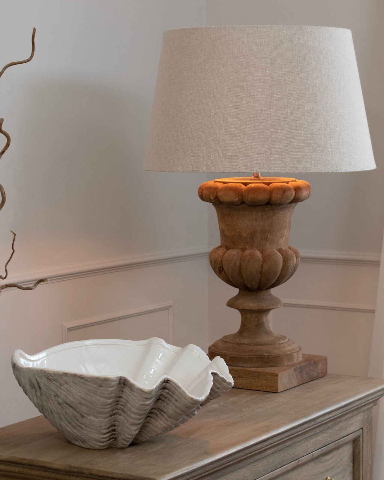 Large neutral stone clam shell bowl by Hill Interiors, ideal as elegant home decor with a matte finish and natural stone appearance.