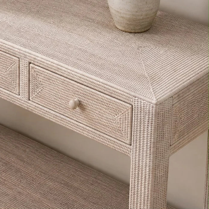 Wickham Rattan Large Rectangular Console Table, close-up of the woven top, corner and drawer